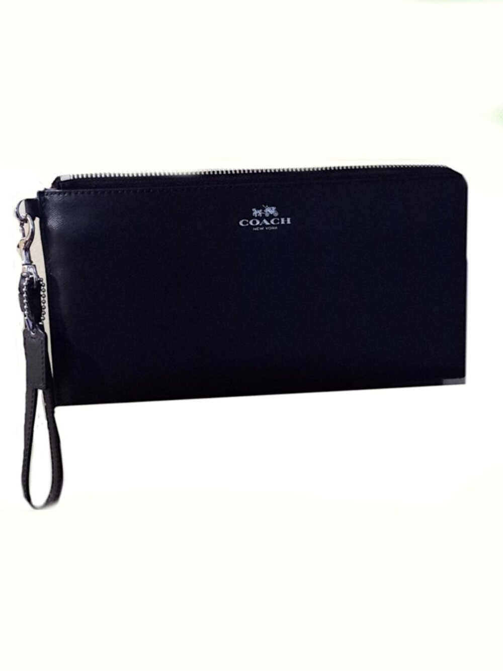 COACH Women Black Leather Zip Around Wristlet Clutch Wallet, Length 10''